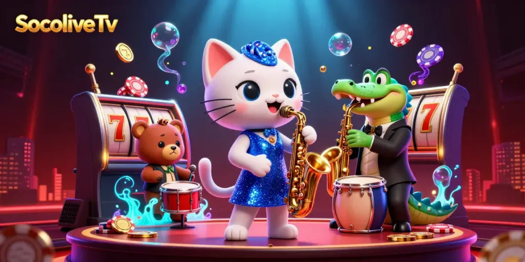 SocoliveTv brings vibrant casino energy to life with a jazzy cat, crocodile, and bear characters amidst spinning slot reels and poker chips.
