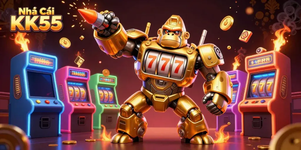 Experience the thrill at Nhà Cái KK55 with a dynamic 3D casino illustration of a golden mech and vivid gaming elements.