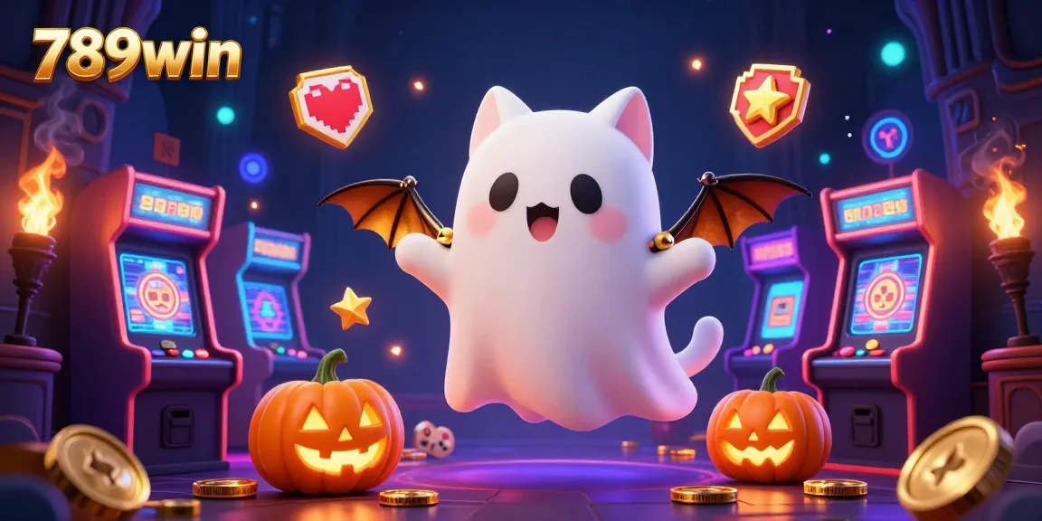 Engage with the excitement of 789win in a vibrant haunted casino, featuring floating characters and glowing arcade elements.