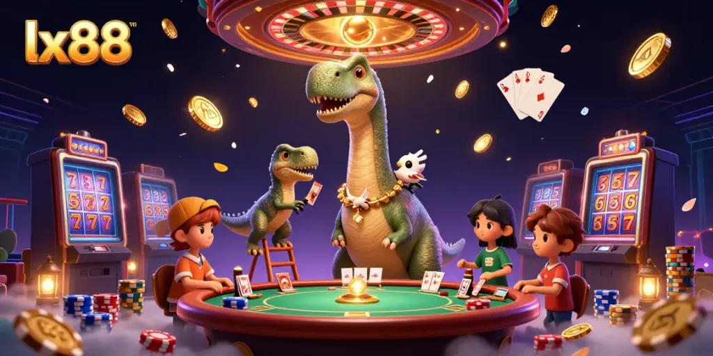 Experience the thrill of lx88 with a vibrant casino scene featuring a towering dinosaur and a clever raptor.