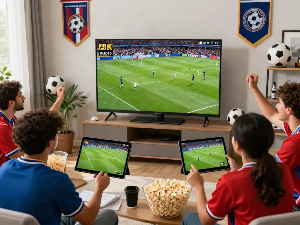 Fans enjoying high-definition football streaming on gavangtv.life in a lively living room.