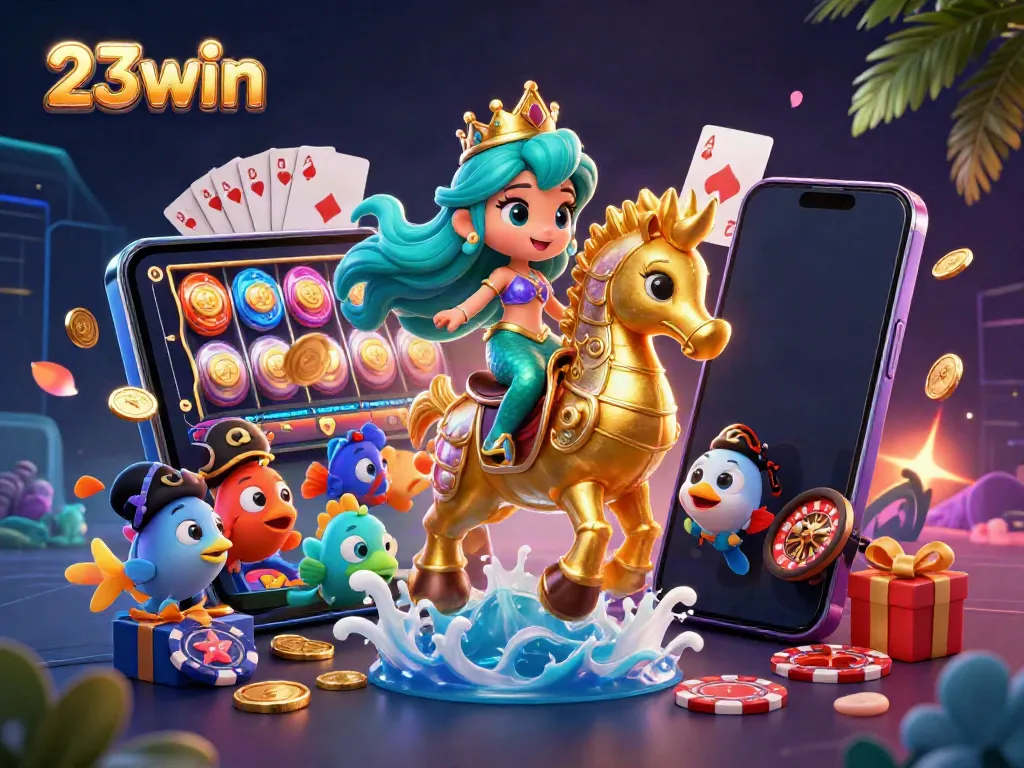 Experience exciting gaming action with 23win in this vibrant 3D illustration featuring a mermaid and colorful slot games.