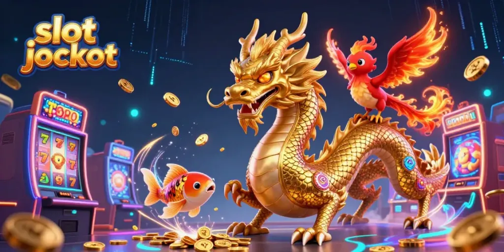 Spin to win with a vibrant scene featuring slot jackpot symbols, a dragon, and magical coins.