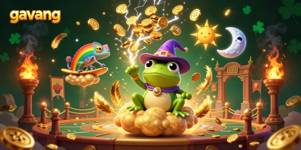 Experience the excitement of gavang with gold coins and dynamic characters in a lively casino scene.