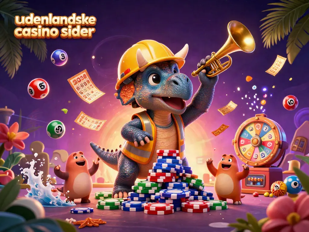 Cheerful triceratops builds a poker chip pyramid, showcasing udenlandske casino sider excitement.