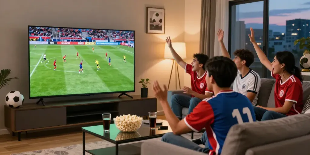 Cakhiatvvn.jpn.com shows friends joyfully watching a live football match in a lively living room, with HD visuals and exciting atmosphere.
