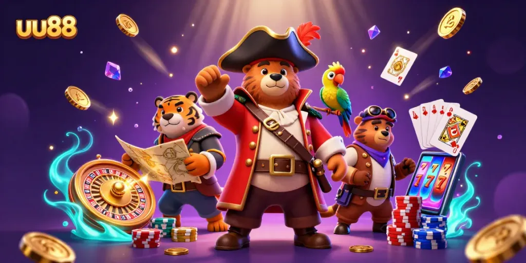 uu88 captures the thrill of gaming with vibrant casino characters and action-packed elements.