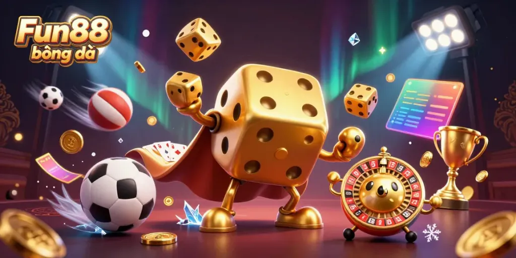 Engaging scene of Fun88 bóng đá featuring dynamic sports elements, golden dice, and vibrant casino atmosphere.