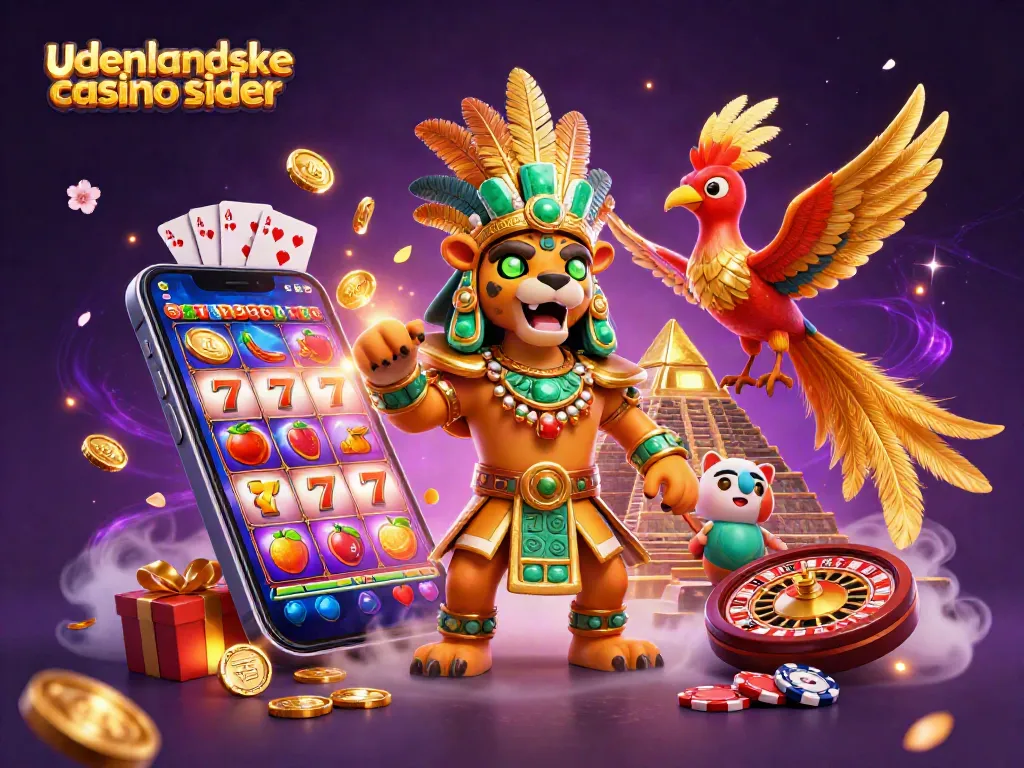 Experience the thrill of udenlandske casino sider with a colorful 3D illustration of a Mayan jaguar priest, slot games, and magical visuals.