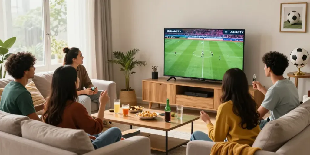 Friends enjoying a football game together on XOILACTV in a cozy living room setting, creating a vibrant social atmosphere.
