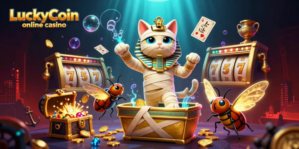 Spela på LuckyCoin onlinecasino med en 3D illustration av ett pyramiddjur i en spännande kasino-scen.
