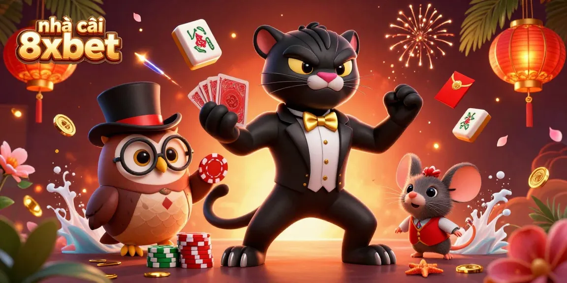 Engage with nhà cái 8xbet's vibrant casino scene featuring characters in stylish attire amidst dynamic game elements.