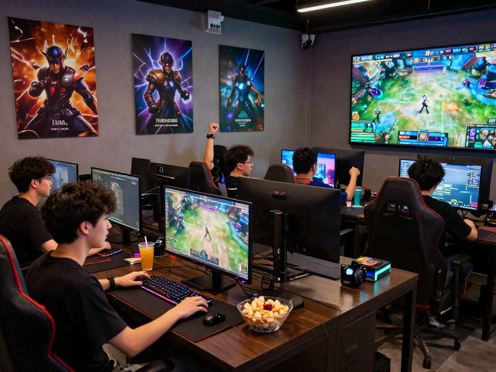 Hình ảnh f168 vip của một không gian chơi game trực tuyến sôi động với những người trẻ tuổi đang chơi.