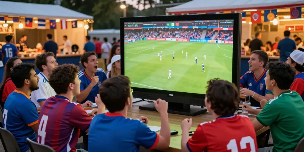 Fans enjoying live football streaming on thapcamtv.ac, celebrating in a vibrant outdoor setting.
