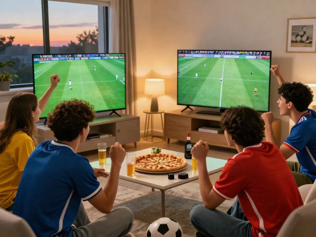 Friends enjoying a live football match together on CakhiaTV, surrounded by pizza and drinks.