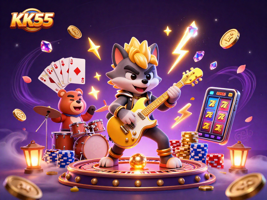KK55 captures the excitement of casinos with a dynamic illustration of a rock star wolf shredding a golden sword guitar.