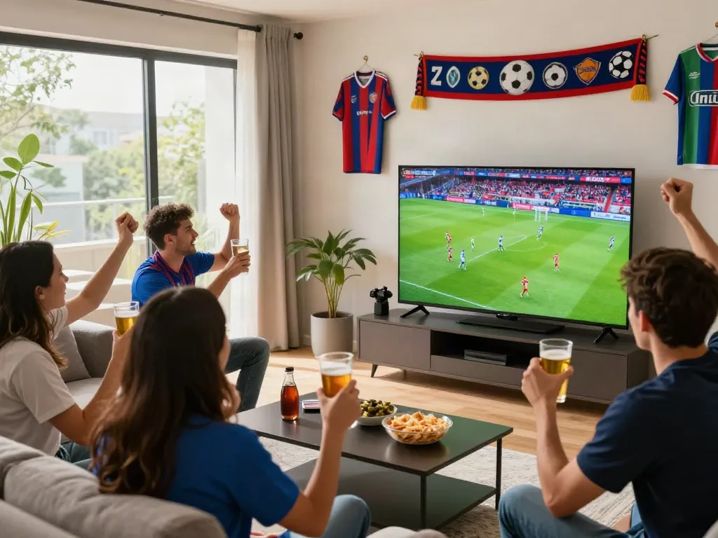 Exciting football viewing party at home with friends, showcasing thapcamtv.ac for HD sports streaming.