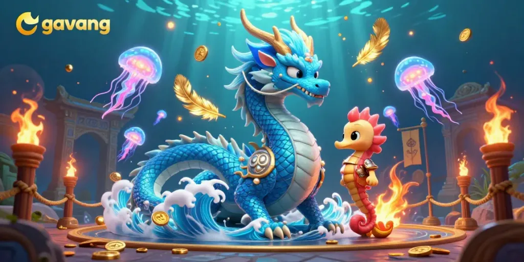 Experience the excitement of gavang's vibrant underwater casino world, featuring dynamic dragon and seahorse elements.