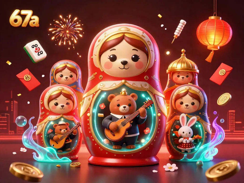 Engage in casino fun with 67a's vibrant 3D illustration showcasing dynamic characters and game elements.