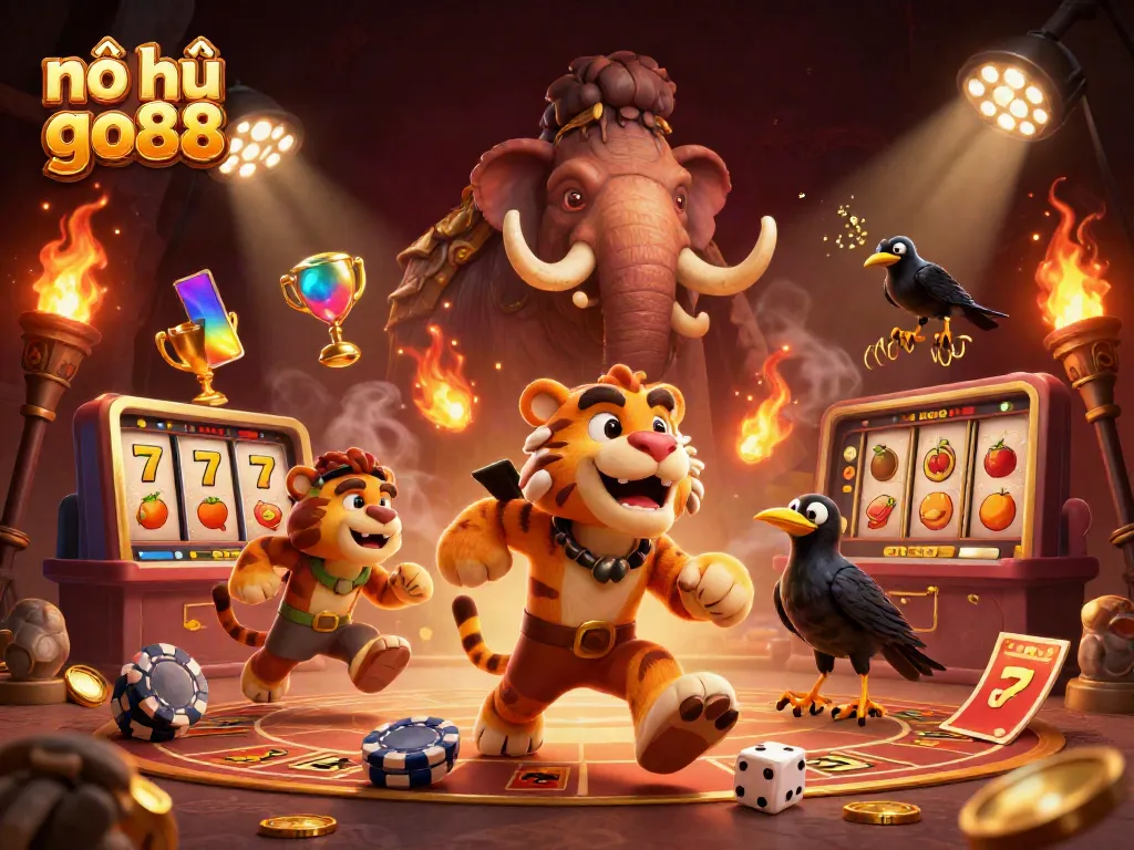 Witness the thrilling action of nổ hũ go88 amidst vibrant casino elements in a dynamic 3D scene.
