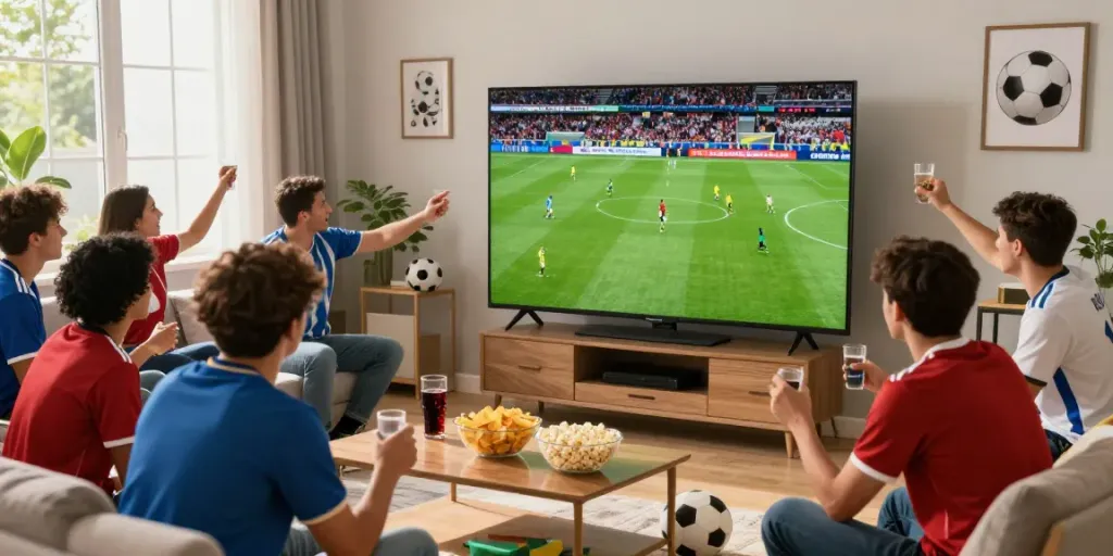 Fans enjoying a live soccer match on socolive8.media in a lively living room.