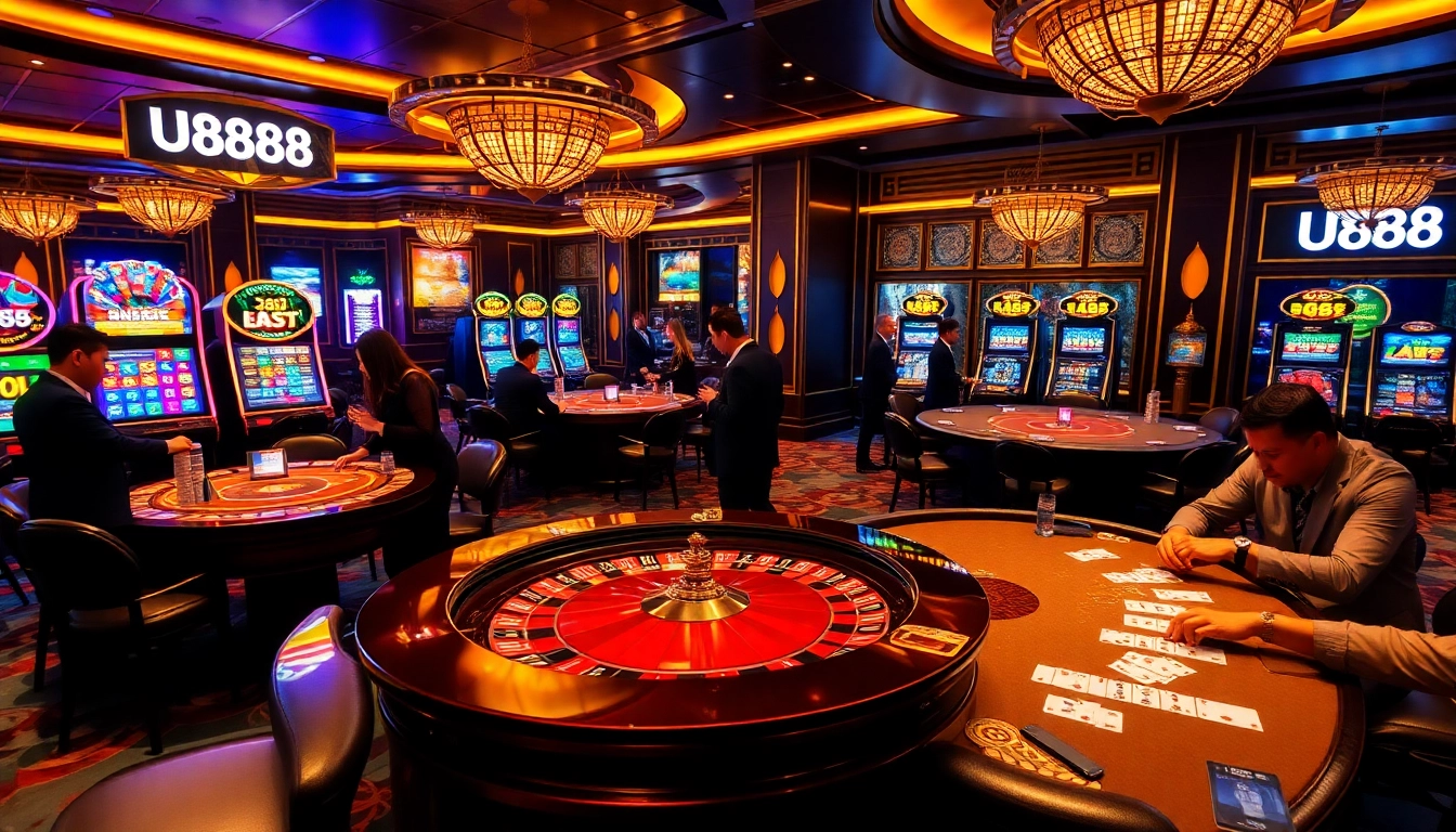 Players enjoy thrilling games at the U888 casino, showcasing excitement and luxury.