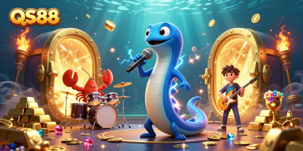 Experience QS88's vibrant underwater casino action featuring a DJ electric eel, lobster drummer, and seahorse guitarist.