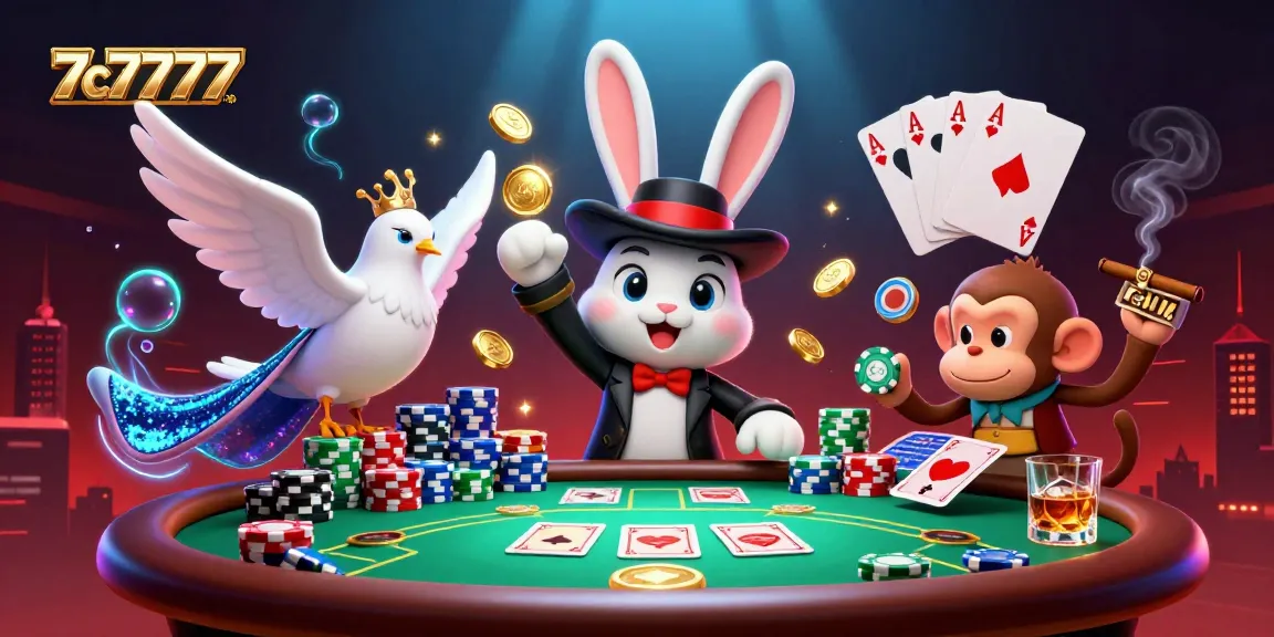 Engage with the 7c7777 online casino magic featuring a cartoon rabbit pulling golden coins and poker chips.