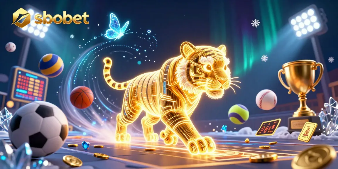 SBOBET sports betting promotion illustrated with a neon-wireframe tiger and vibrant sports elements.