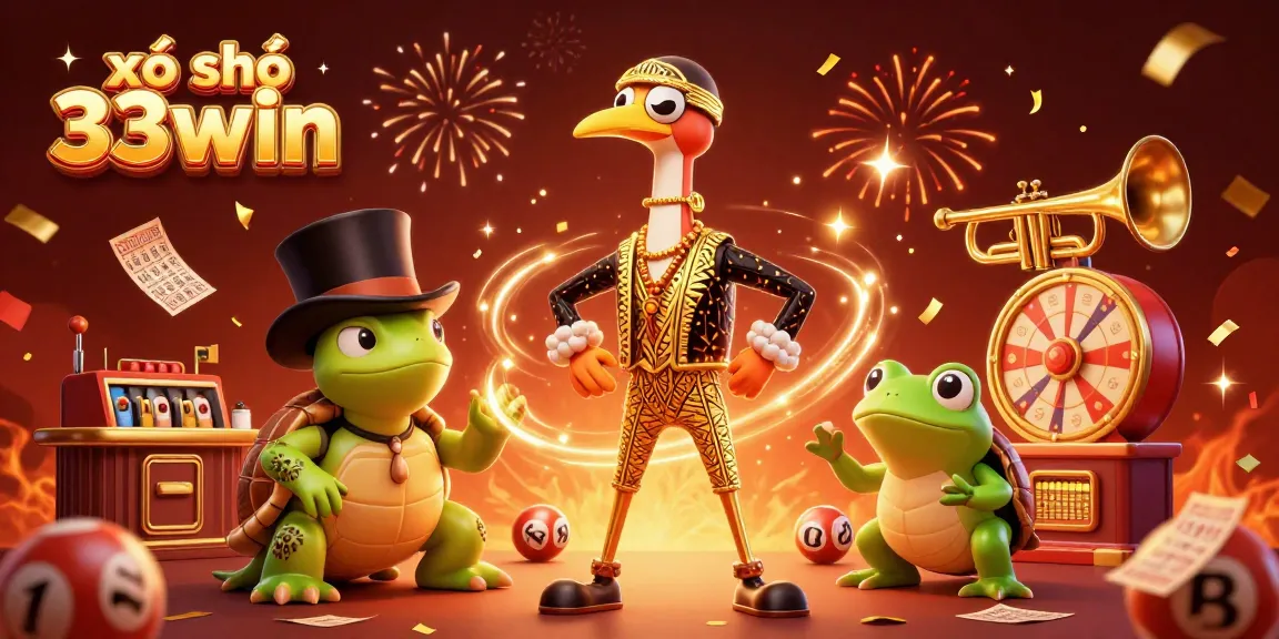 Experience thrilling xổ số 33win action with vibrant characters and lottery elements in a festive setting.