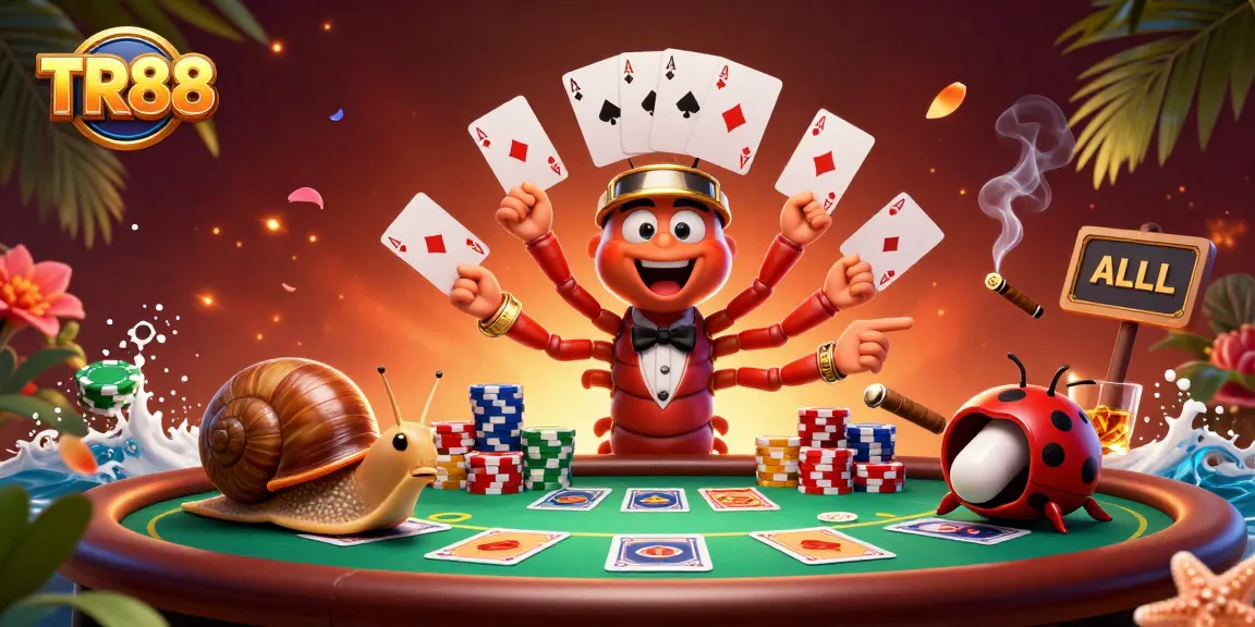 Experience thrilling gameplay with TR88 as the cartoon millipede dealer and high-roller snail at a vibrant poker table.