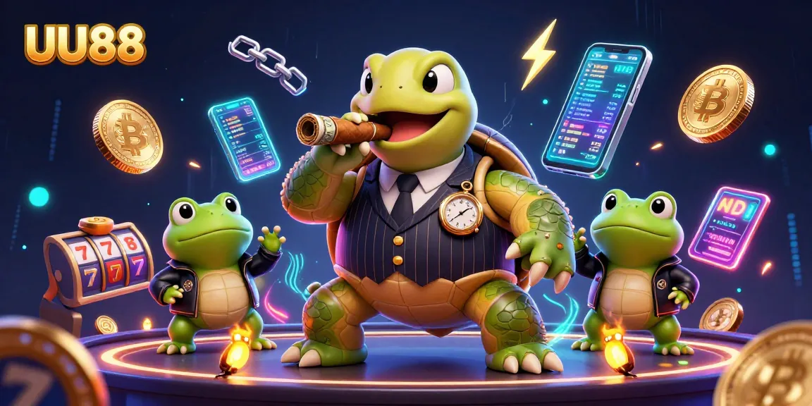 Engage with the casino action at UU88 with a vivid 3D illustration of a turtle in a mobster suit, enriched by glowing crypto elements.