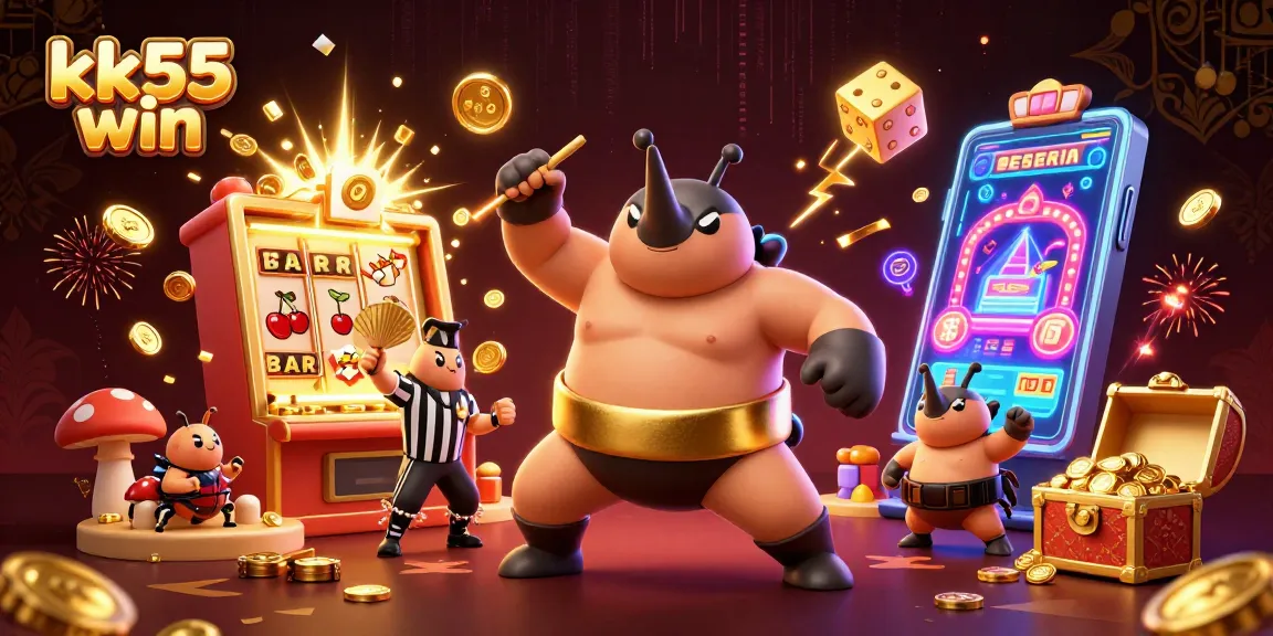 kk55 win showcases a dynamic 3D scene with a beetle champion and exciting casino elements.