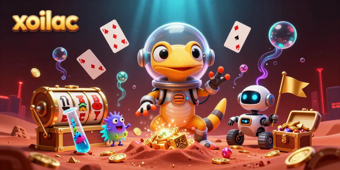 Xoilac offers a vibrant alien casino scene with a gecko character discovering floating playing cards and gold coins.