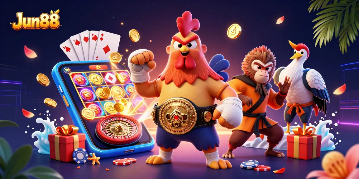 Engage with exciting Jun88 casino scenes featuring a vibrant 3D Muay Thai rooster and engaging slot games.