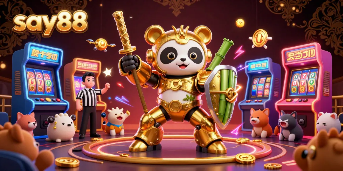Engage with say88's thrilling game scene featuring a golden panda in a mech suit amidst vibrant gaming elements.
