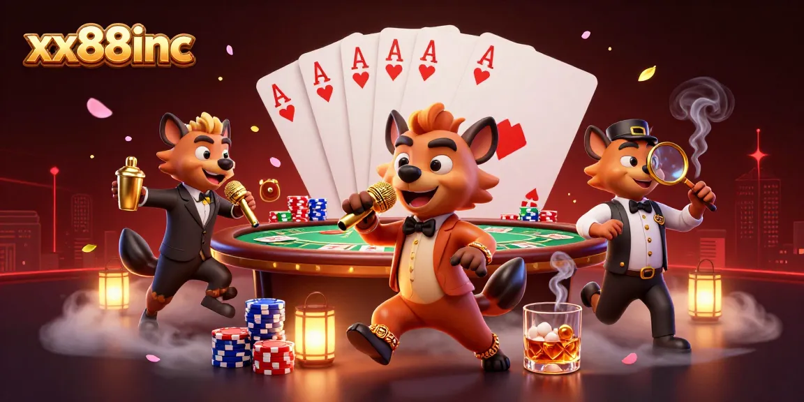 Catching big wins with xx88inc featuring lively hyenas in a vibrant casino scene.