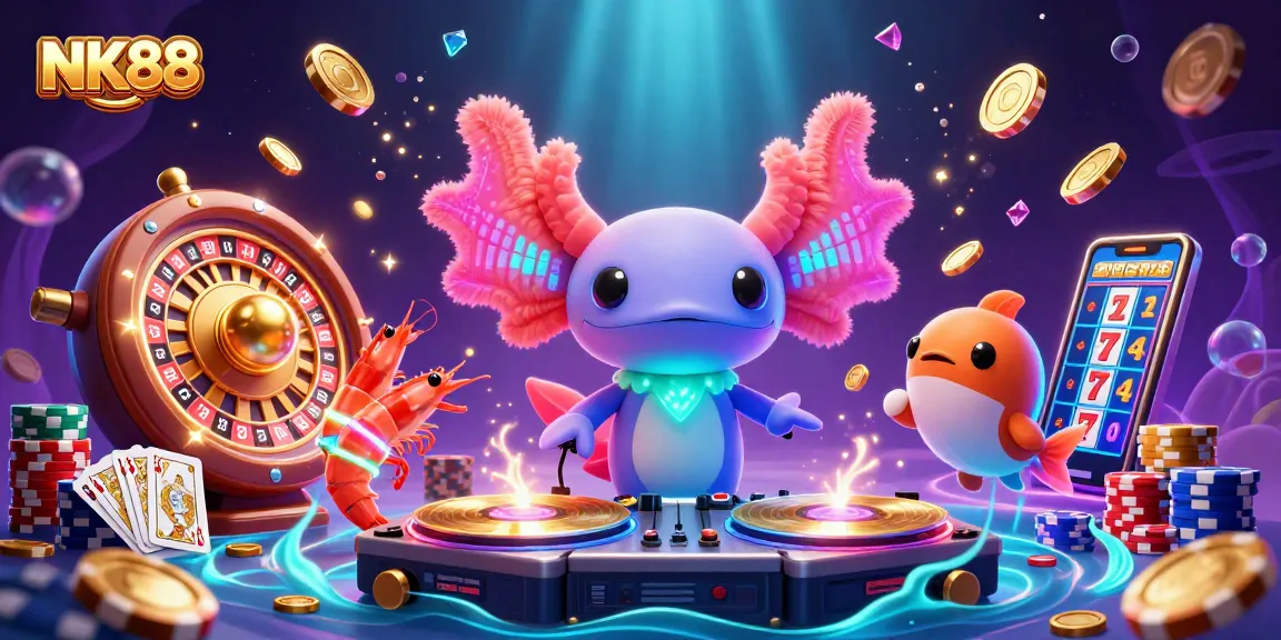 Experience thrilling gameplay at NK88 with a vibrant axolotl DJ and lively underwater casino scene.