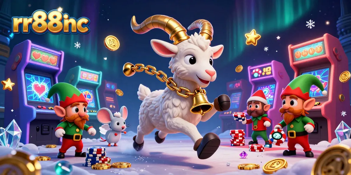 Experience thrilling gameplay at rr88inc with a cartoon Krampus goat, angel mouse, and gremlins in a vibrant casino scene.