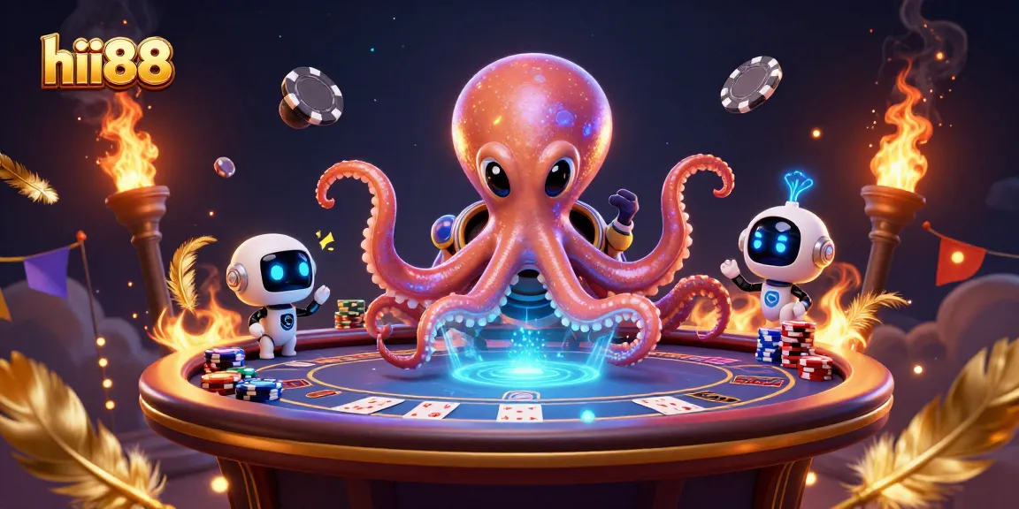 Engage in thrilling games at hii88 casino with an alien octopus and robot in a vibrant scene.