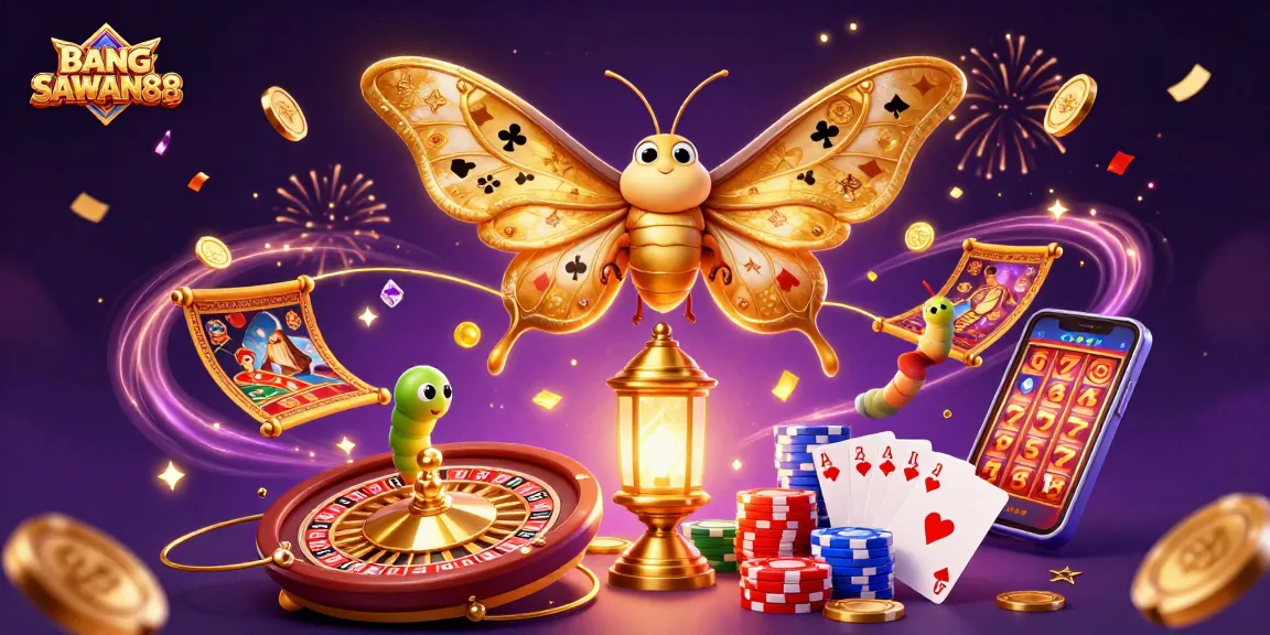BANGSAWAN88 showcases a vibrant casino scene with golden moths, coins, and playing cards in action.