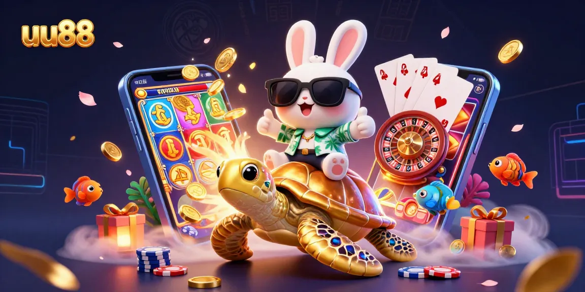 Play exciting games at uu88 with a lucky rabbit and golden sea turtle in a vibrant casino scene.