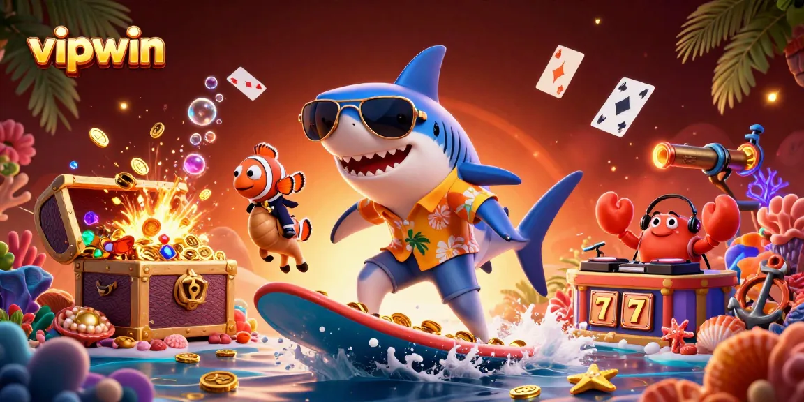 Surfing shark collects gold coins in a vibrant vipwin casino scene filled with actions and treasures.