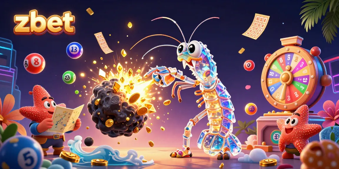 Zbet brings excitement with vibrant 3D illustration of a galactic samurai mantis shrimp amidst casino elements.