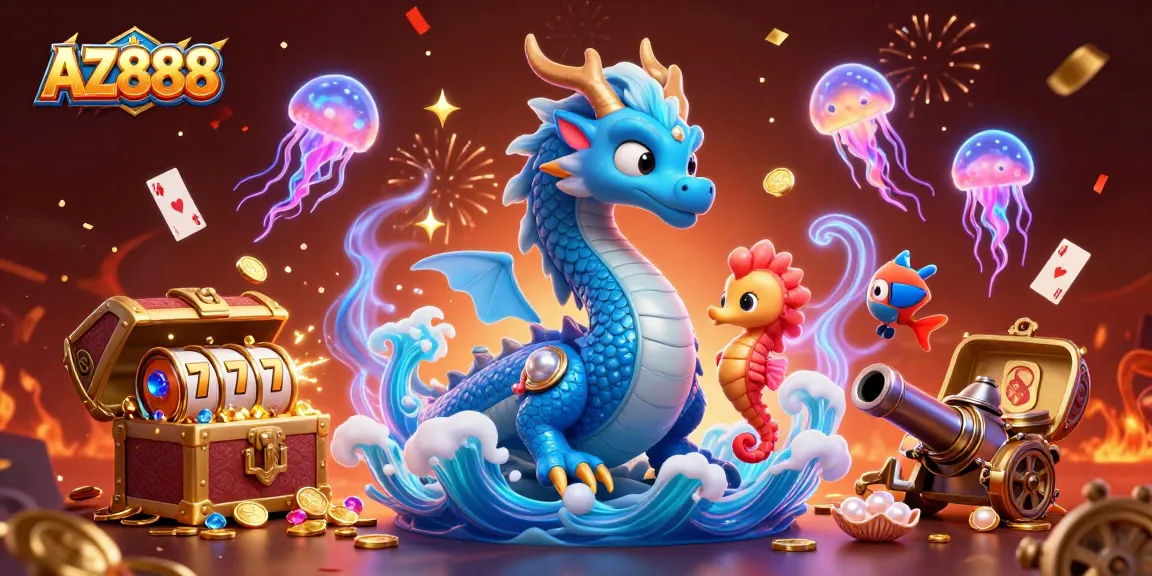 A vibrant 3D illustration featuring the AZ888 brand, showcasing an azure dragon and playful casino themes.