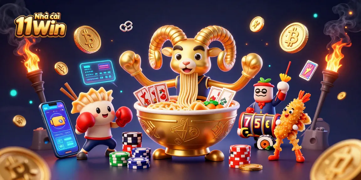 Engage with Nhà cái 11Win's vibrant scene showcasing a golden ramen bowl dealer and crypto elements.