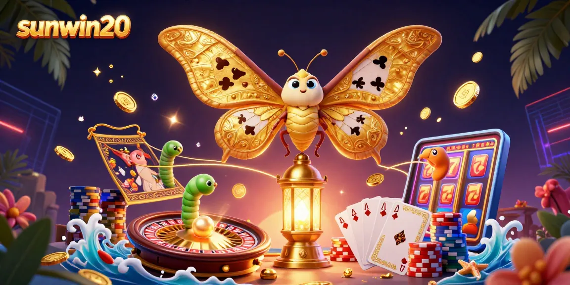 Sunwin20 offers an immersive gaming experience with dazzling casino illustrations featuring vibrant gold visuals.