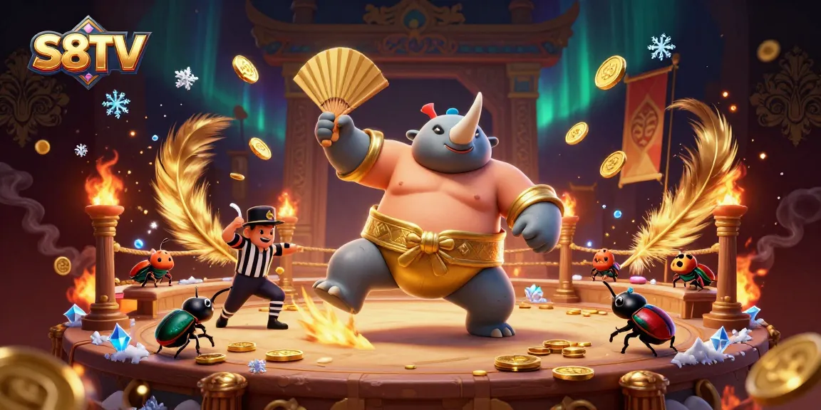 S8TV provides an engaging gaming experience with a dynamic scene of a beetle champion celebrating a win among gold coins and vibrant effects.