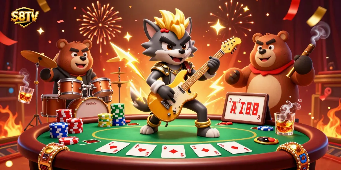 S8TV offers an electrifying 3D illustration showcasing a rock star wolf and drummer bear on stage amidst a vibrant casino atmosphere, featuring poker elements.