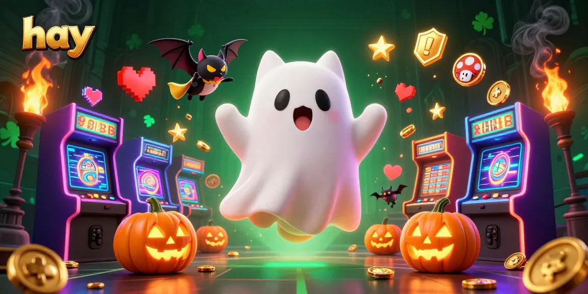 Experience the joy of gaming with hay in a haunted casino featuring a ghost cat and arcade machines.